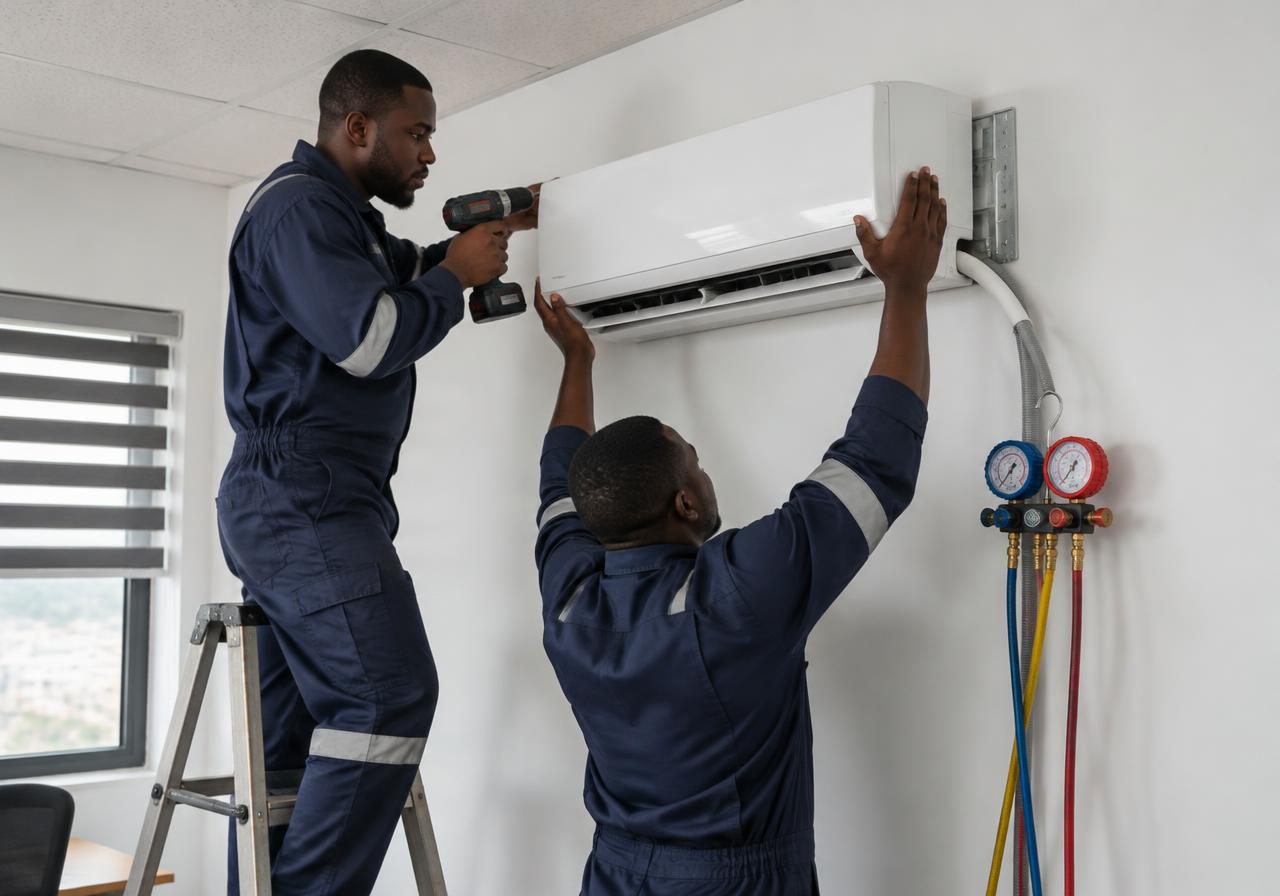 Illustrative image of technicians installing a wall-mounted split air conditioner