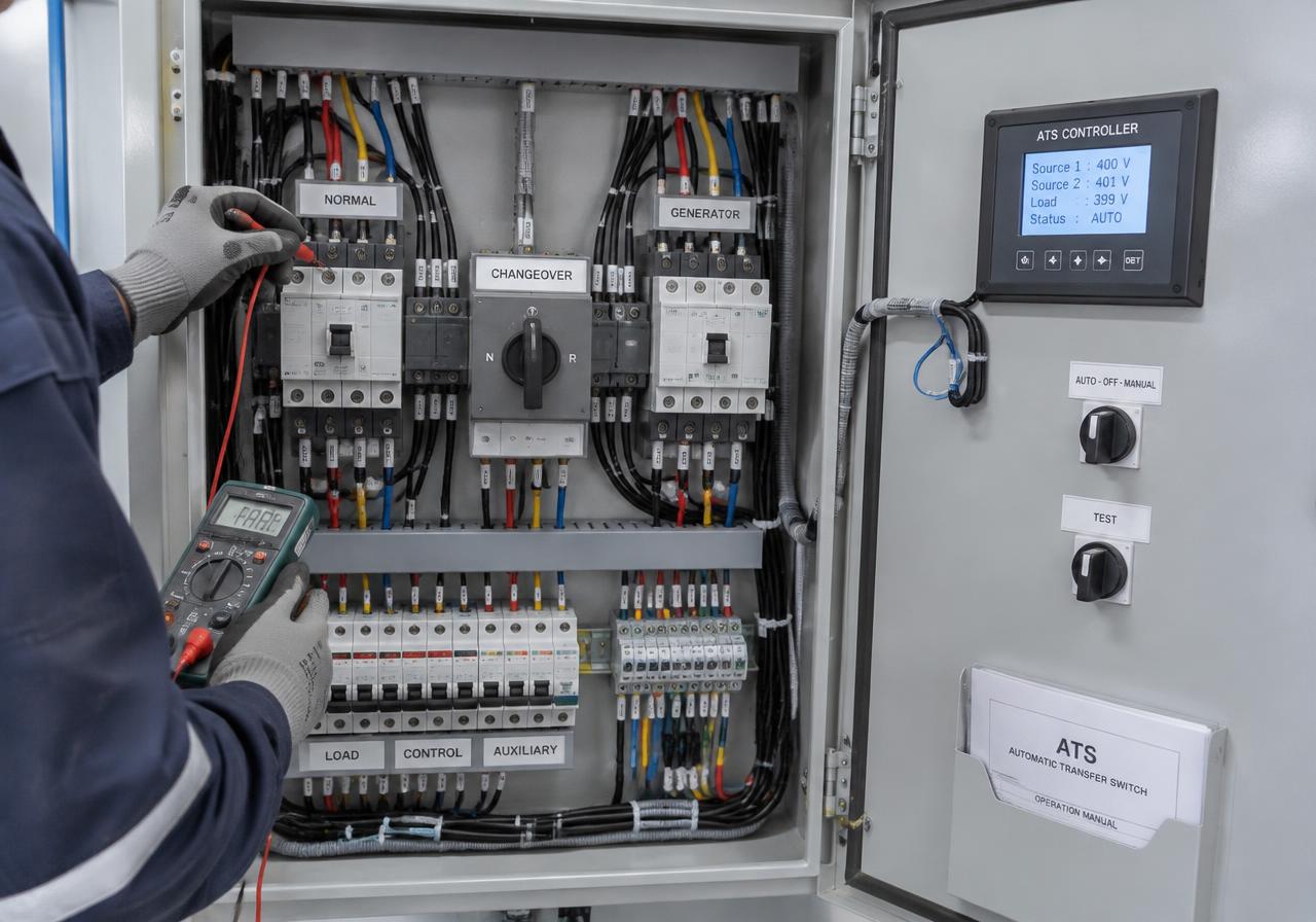 Illustrative image of an open automatic transfer switch panel being tested