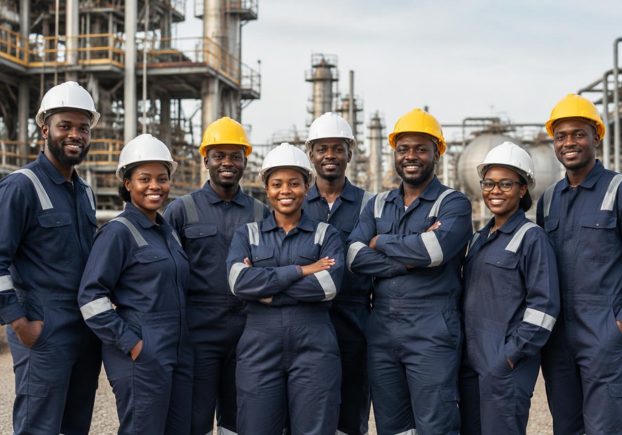 Illustrative image of an engineering team in coveralls and hard hats
