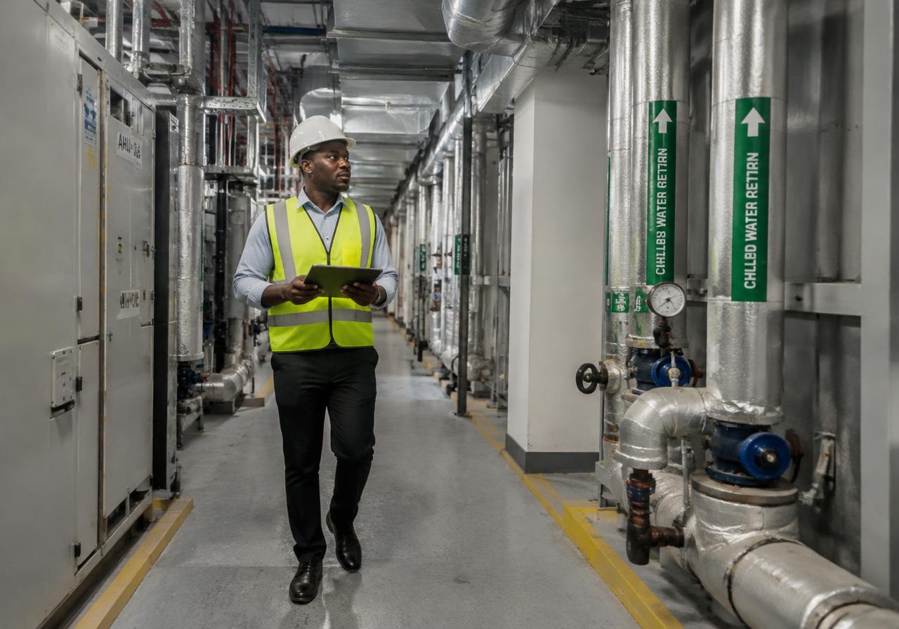 Illustrative image of a facility manager inspecting a building's mechanical services corridor