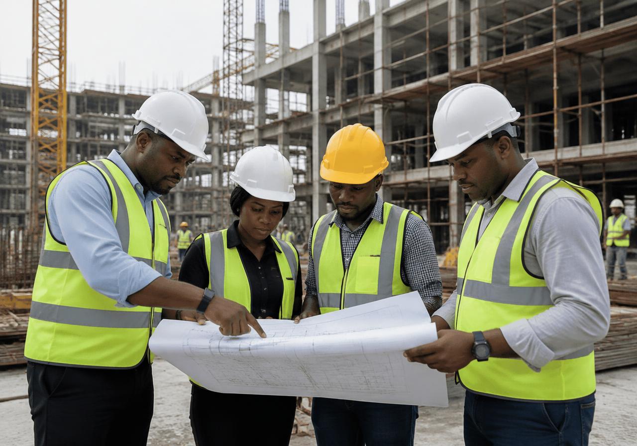 Illustrative image of a construction and engineering crew reviewing drawings on site