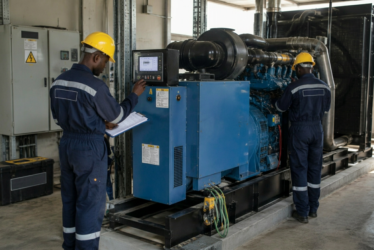 Illustrative image of engineers inspecting and servicing an industrial generator