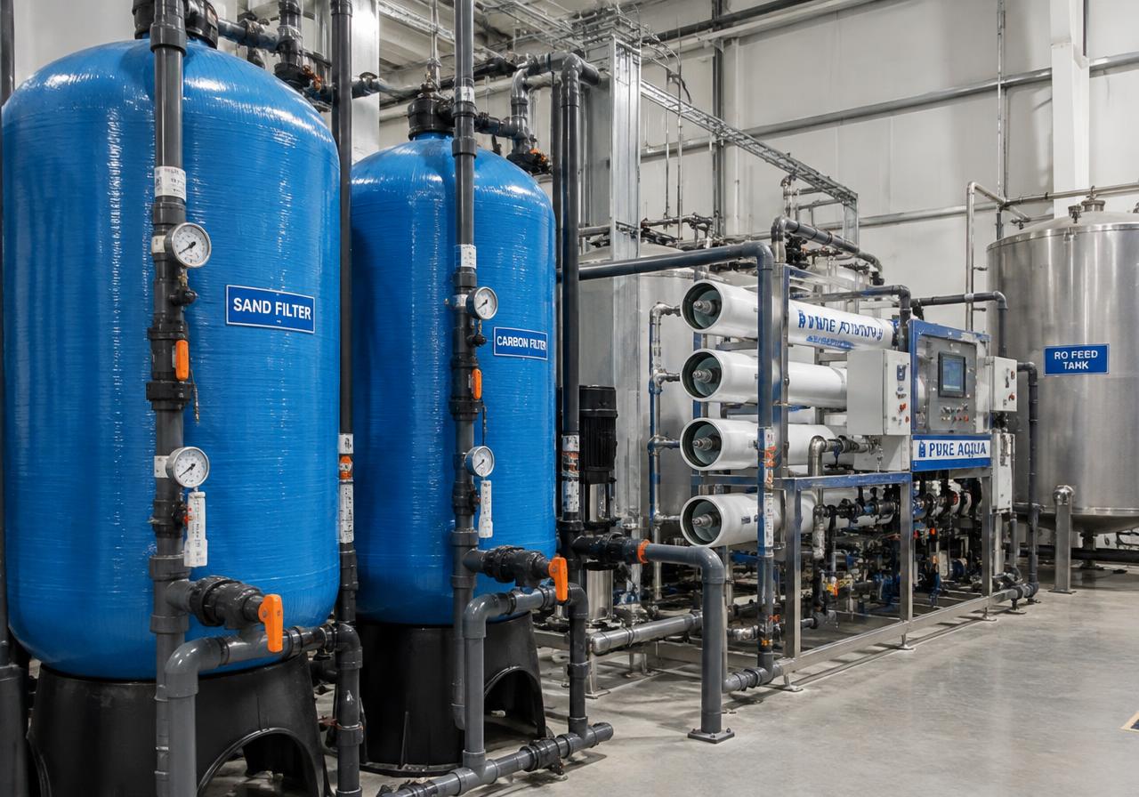 Illustrative image of an industrial water-treatment plant with filtration vessels and membranes