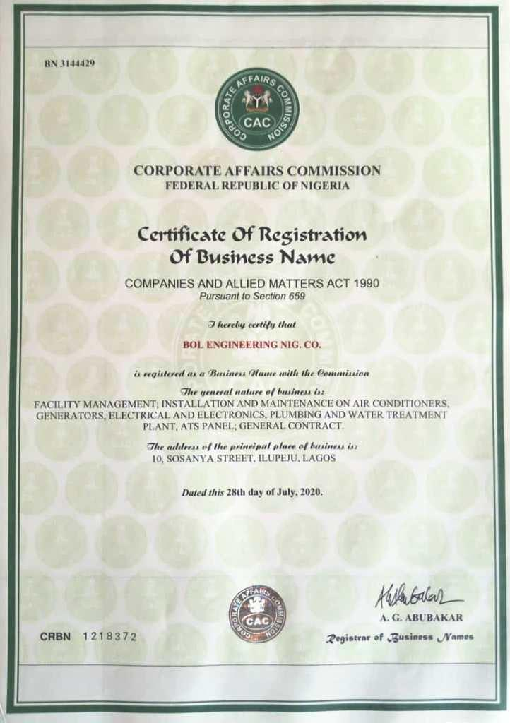 Scanned Certificate of Registration for BOL Engineering Nig. Co.