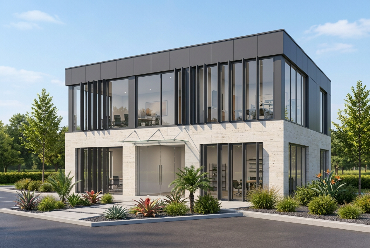 Contemporary two-storey office building with glass windows and landscaped frontage